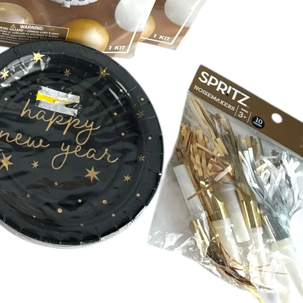 New Year’s Eve Party Supplies Bundle Spritz Black Gold Balloons Plates Hats